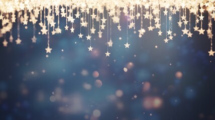 Festive background of glowing star shaped fairy lights hanging down with bokeh effect and soft focus