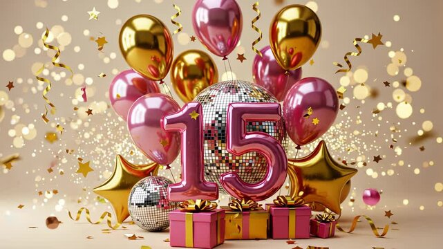 Celebration scene with balloons and disco ball marking a fifteenth anniversary