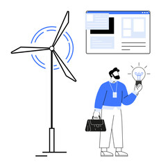 Wind turbine with spinning blades, professional holding a glowing light bulb, and a website on screen. Ideal for innovation, renewable energy, technology, ideas, environment, creativity clean