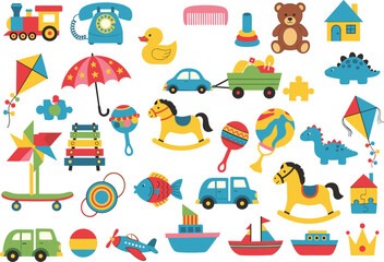 Bright colorful kids toy set, flat vector illustration of classic childhood items, educational baby toys, cartoon icons for nursery and playtime fun