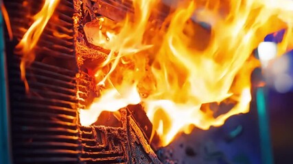 A close up of a furnace with flames coming out of it