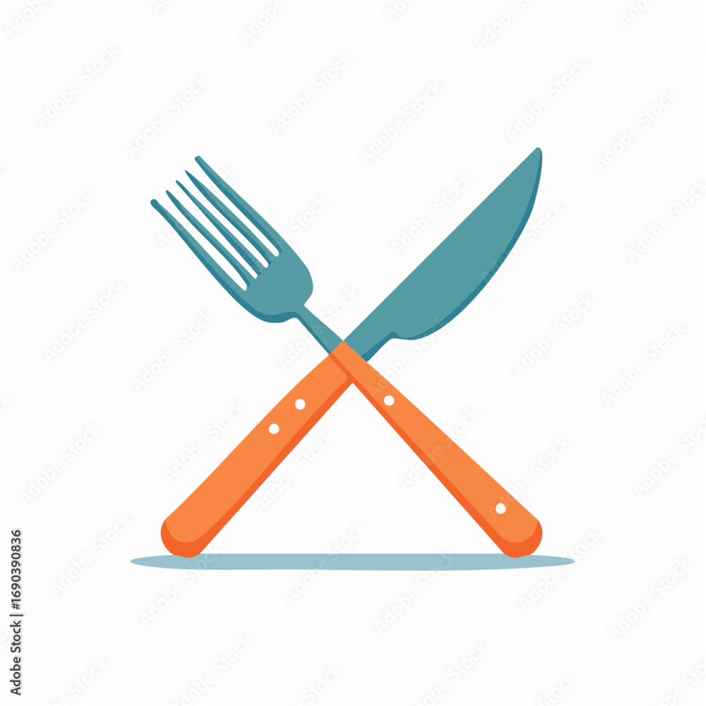 Poster crossed fork and knife with orange handles