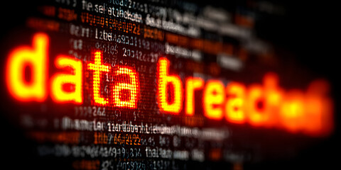 A data breach concept - the words "data breach" on ascreen. internet security nd data protection theme