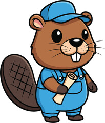 Cartoon construction beaver character wearing blue overalls and cap holding a scroll, cute worker animal vector illustration for design