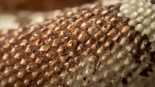 Snakeskin close-up glides under warm light, revealing intricate shifting scales