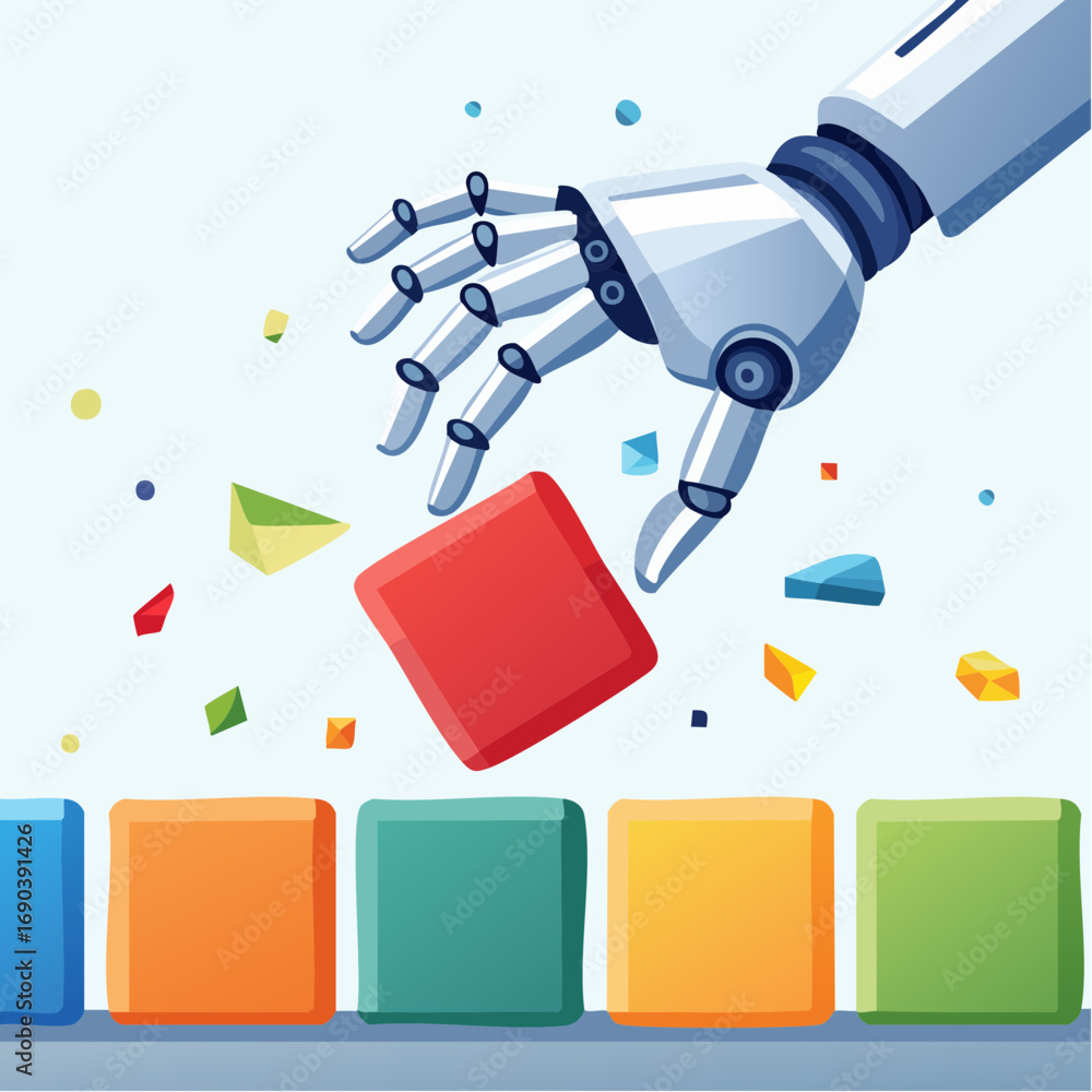 Poster robot hand picking up red block among colorful blocks