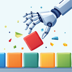 Robot Hand Picking Up Red Block Among Colorful Blocks