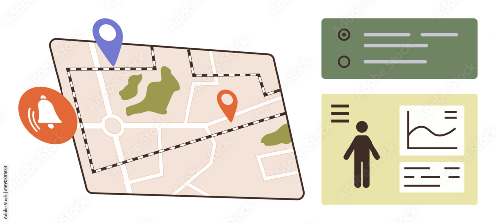 Poster map with marked pins, notification alert, and nearby analytics, human profile with graph data. ideal