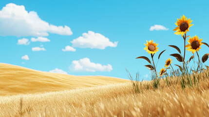 Obraz premium Golden field sunflower blue sky white cloud rolling hill summer nature landscape rural sunny