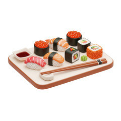 Various Types Of Sushi On A White Tray With Transparent Background