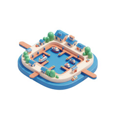 Isometric 3D Town Design With Boats And Houses On Transparent Background