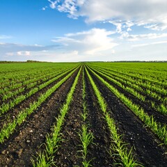 Rows of young plants in a field under a partly cloudy sky (1)