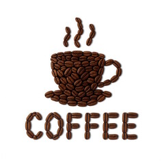 Obraz premium Steaming coffee cup and the word COFFEE made of coffee beans isolated on white background