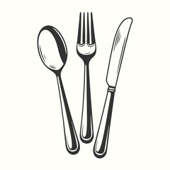 Simple black and white presents a fork, knife, and spoon illustration