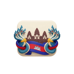 Cambodia Icon Featuring Angkor Wat Temple With Traditional Naga Dragons And Flag