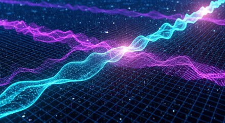 Neon pink & cyan waves on dark blue grid background with glowing intersections, futuristic vibe, space-like atmosphere. Vibrant colors. AI Generated