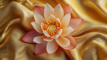 Close up of a lotus flower with pink tipped petals on a golden silk background