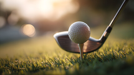 Golf club getting ready to hit ball on course at sunset