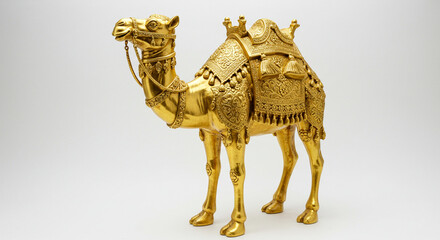 Ornate Golden Camel Sculpture: Detailed, Regal, and Exquisitely Decorated.