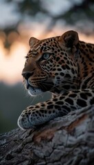 Fototapeta premium A majestic leopard relaxing gracefully on a sturdy tree branch in its natural habitat