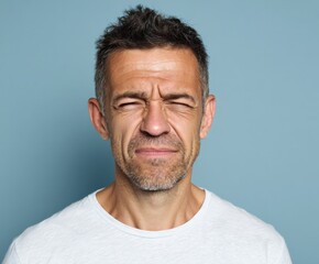 Obraz premium A man with a distressed facial expression stares directly at the camera, set against a soft, muted backdrop.