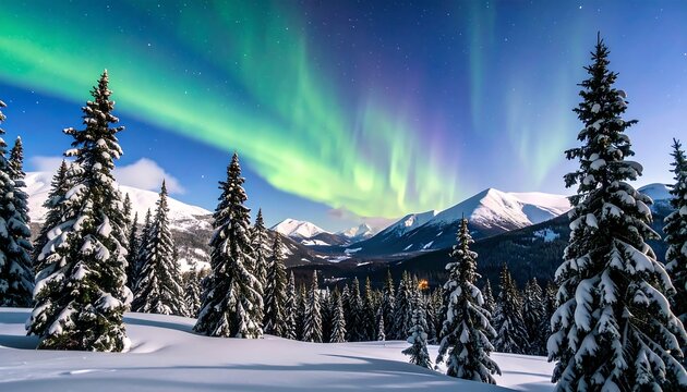 Snowy forest at night with aurora borealis shimmering above snow-covered mountains. Evergreen trees line a soft snow field under the colorful sky