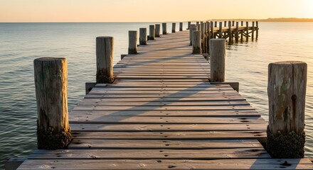 Wooden Pier on Calm Ocean at Sunset