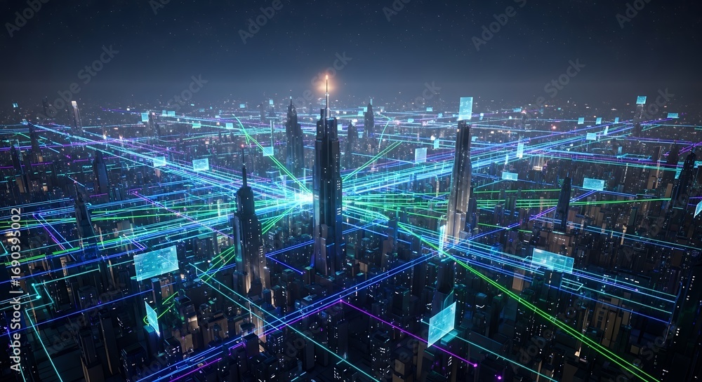 Aufkleber aerial view of futuristic cityscape with digital network lines and data nodes connecting buildings, 