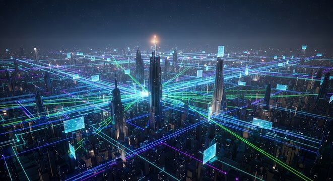 Aerial view of futuristic cityscape with digital network lines and data nodes connecting buildings, concept for smart city development, technological advancement and digital transformation solutions