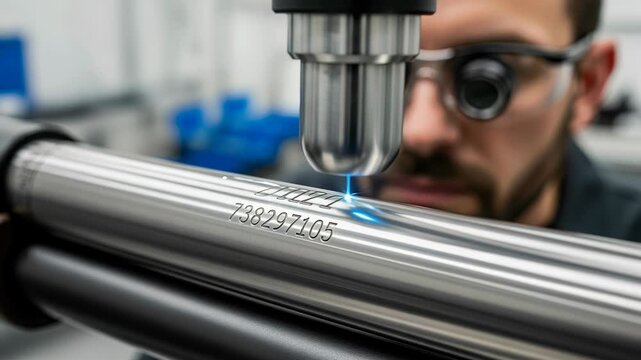 Engraving serial numbers on polished metal surfaces of tactical shotgun by operator with magnifying glasses.