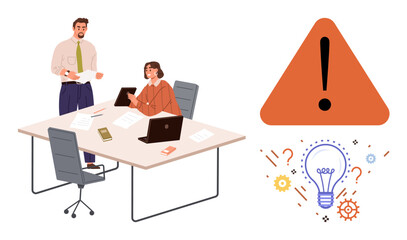 Two coworkers collaborating at an office desk with laptops, documents, and a tablet. Warning triangle and light bulb illustration nearby. Ideal for innovation, teamwork, analysis, planning, ideas