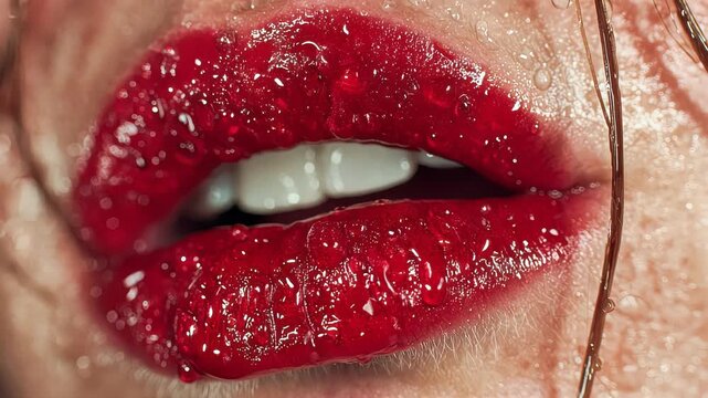 Close-up of glossy red lips with water droplets, highlighting sensual beauty and detail
