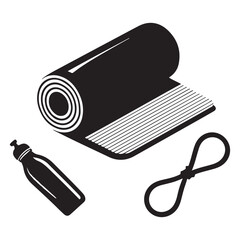 Yoga mat with water bottle and resistance band icons