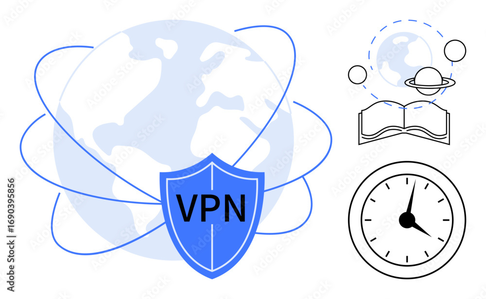 Poster vpn security shield over globe with orbit lines, clock symbolizing time, open book with globe and pl