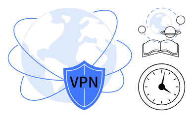 VPN security shield over globe with orbit lines, clock symbolizing time, open book with globe and planet. Ideal for cyber protection, data security, internet, technology, education, global