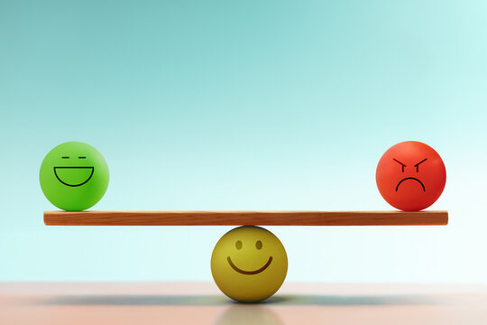Colorful emotional faces balancing on a seesaw, symbolizing mental health and emotional self-regulation through balancing positive and negative emotions
