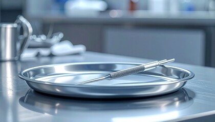 Sterile surgical tray: A focused shot captures a sterile surgical tray with a surgical tool, conveying a sense of precision and the sterile environment of an operating room. 