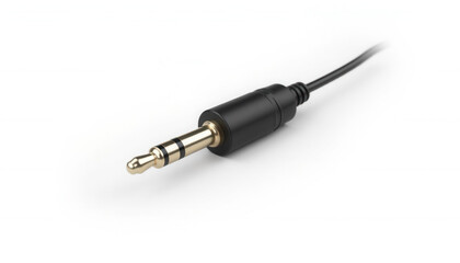 3.5mm audio jack connector with black cable and gold tip on white background  