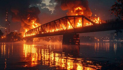 Inferno over the water: A bridge enveloped in flames, the raging fire reflected in the still water. The scene creates a sense of catastrophe and destruction, with the burning bridge.