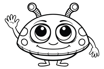 Smiling cartoon alien with antennae waves hello, isolated on a white background