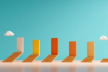 Obraz premium Exploring opportunities colorful doors on stairs minimalist studio digital art bright environment creative perspective