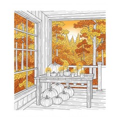 Realistic autumn photography concept of Autumn seasonal stock photo of Autumn porch still life Cozy autumn scene pumpkins candles rustic table on a porch overlooking vibrant fall foliage warm invit