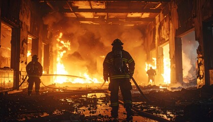 Inferno Guardians: Brave firefighters stand defiantly amidst the roaring inferno, battling flames, smoke, and heat. A gripping display of courage.