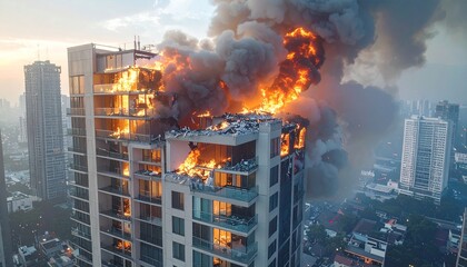 Burning Building: Dramatic aerial shot captures a high-rise building engulfed in flames, smoke billowing into the sky, amidst a cityscape.
