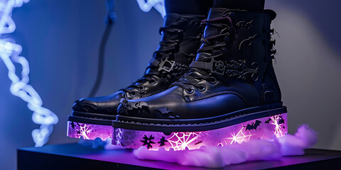 Edgy black boots with glowing purple platform soles and light effects