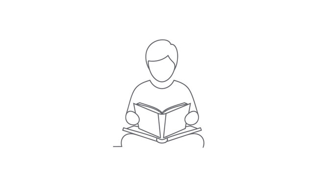 Minimalist Line Art of a Person Reading an Open Book.