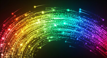 Vibrant rainbow arc of glowing dots & lines in red, yellow, green, blue, purple hues on black background. Dynamic, techno vibe. AI Generated