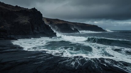 Fototapeta premium Jagged black volcanic coast with crashing waves, moody ocean atmosphere