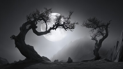 Monochromatic landscape with twisted trees silhouetted against a full moon
