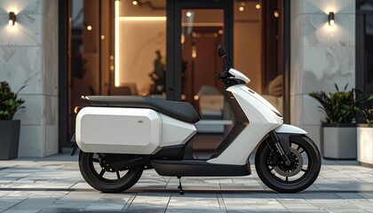 Electric Scooter: A sleek, white electric scooter parked in front of a modern building. Embodying urban mobility. The design is modern and minimal.